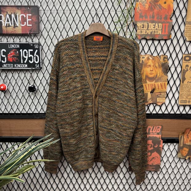90s 미쏘니 이그잼플 울 니트 가디건 멜란지 패턴 브라운 배색