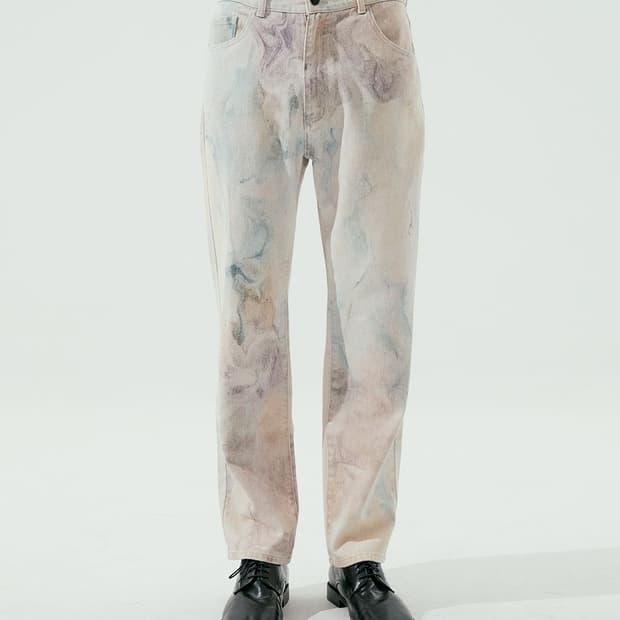 noirer 핑크 워싱 앱스트랙 스트레이트 데님 팬츠 (멀티)