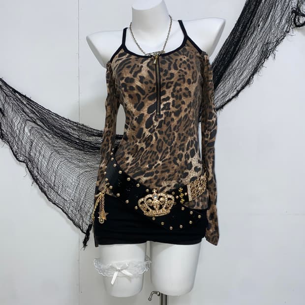 ꒰ঌ LA*BUS 오네갸루 레오파드 오프숄더 롱슬리브 ໒꒱