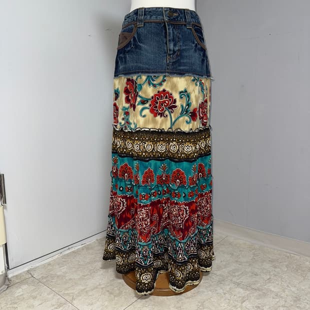 오리엔탈 히피 패치워크 데님 스커트 