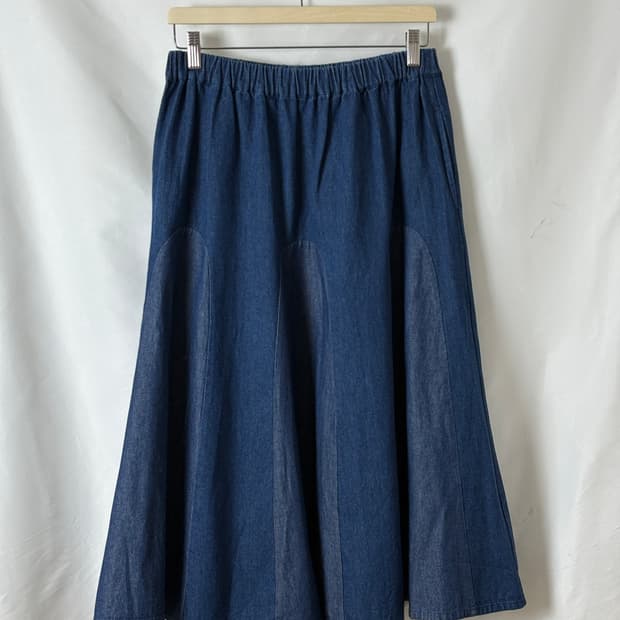 데님 배색 플레어 롱 스커트