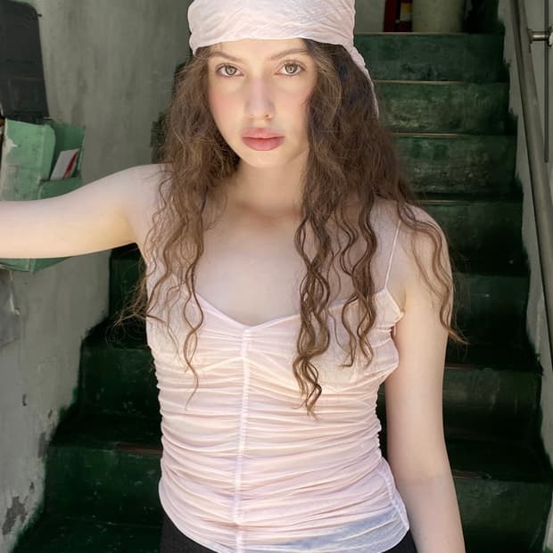 루즈슬립오버 Mesh Ribbon Shirred Camisole *Blu
