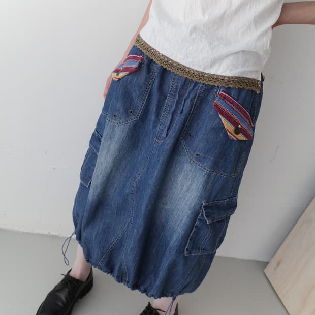 patch balloon denim skirt