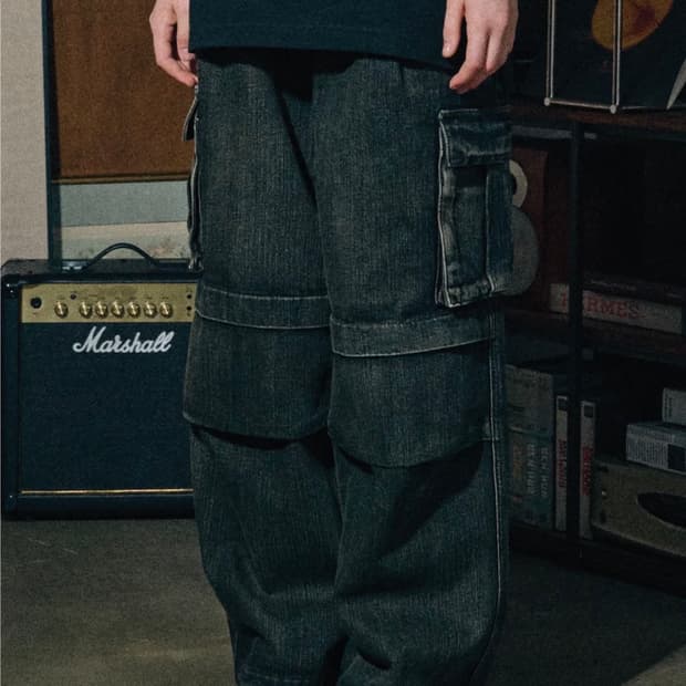 꼼파뇨 와이드 절개 카고 데님팬츠