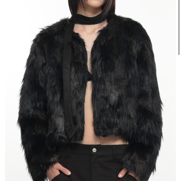 JACQUARD FAUX FUR JACKET KHAKI BLACK