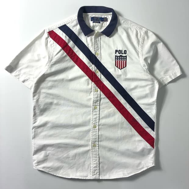 Polo  폴로 랄프로렌 자수 코튼 성조기 화이트 옥스퍼드 반팔 셔츠  