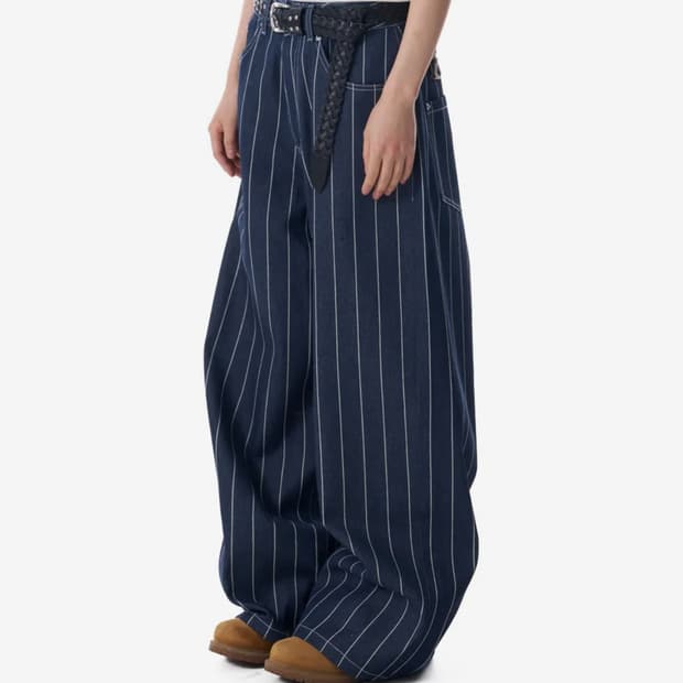 아캄 Striped Cinch Back Denim Pants (Blue)
