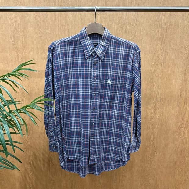 버버리 런던 코튼 스판 혼방 긴팔 셔츠 클래식 타탄 체크 디테일 네이비