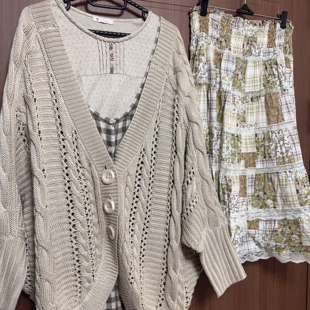 모리걸 아오이유우 코지모리 레이어드 볼레로 가디건 레이스 패치스커트 세트