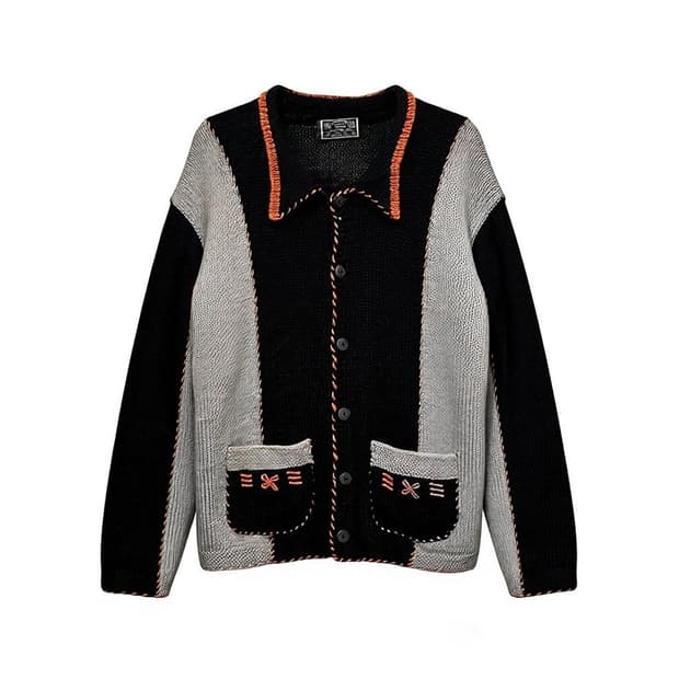 JPN VINTAGE 니트 가디건 카라넥 투포켓 스티치 디테일 블랙