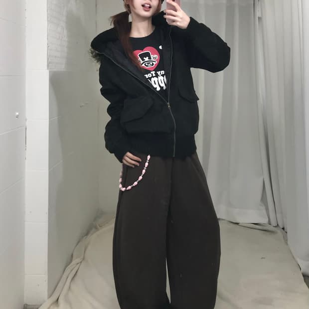 아이 러브 쵸파 원피스 브라운 퍼 카와이 스트릿 코디 세트