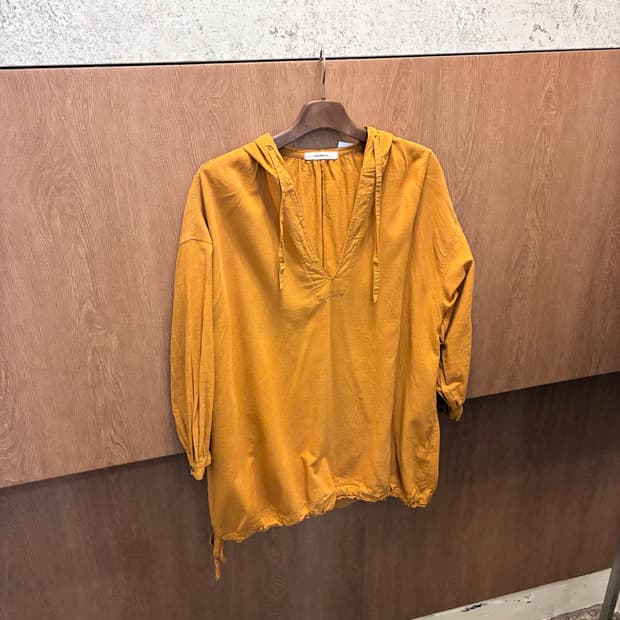 빈티지 후드 롱 블라우스 브이넥 스트링 셔링 디테일 머스타드 k523
