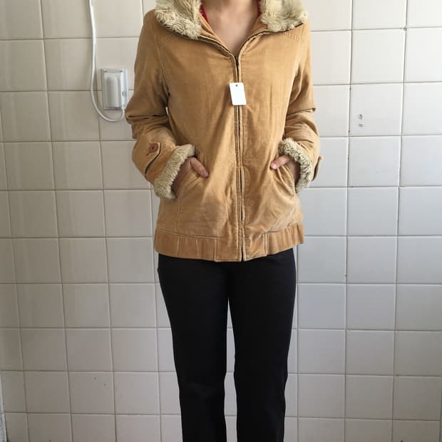 Fake fur collar high neck jacket