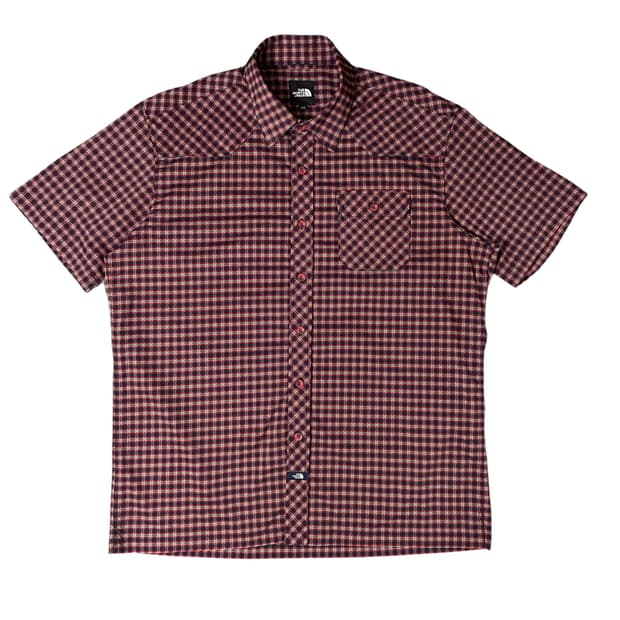 노스페이스 레드 블루 그린 체크 배색 원포켓 폴리 반팔 셔츠105