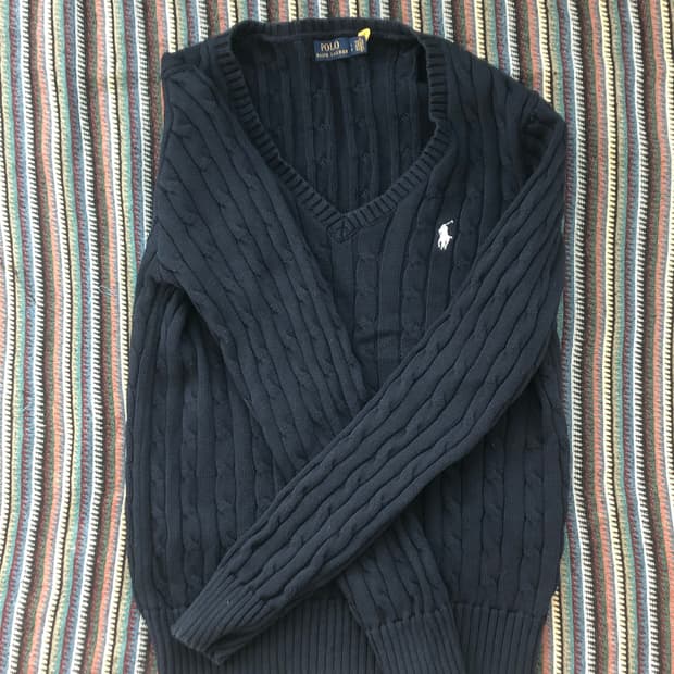 폴로 케이블니트 V넥 네이비