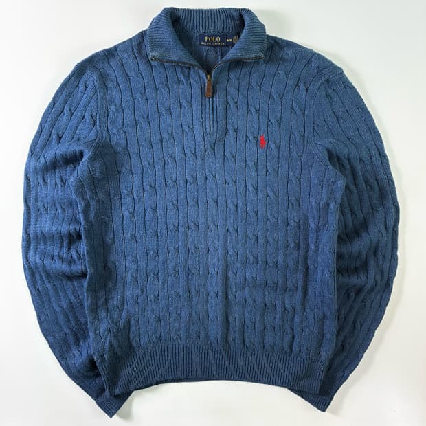 Polo  폴로 랄프로렌 자수 실크 블루 꽈배기 반집업 니트 