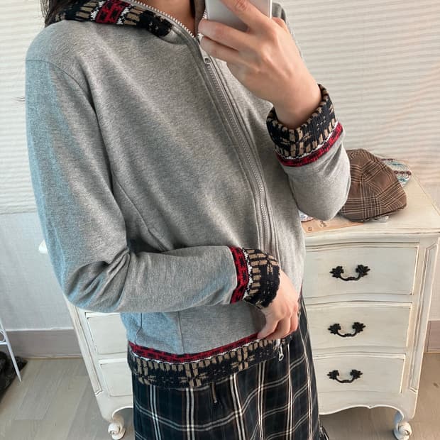 jpn vintage 그레이 노르딕 후드 집업 y2k 스트릿 갸루 펑키