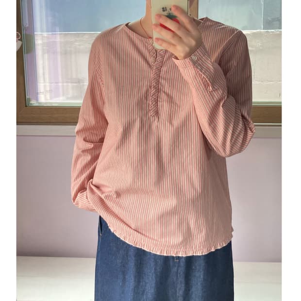 일본빈티지 핑크 스트라이프 블라우스