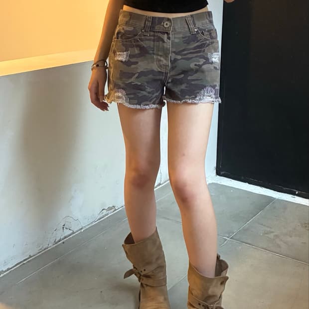 S)Retro Girl 빈티지 여성 데미지 디테일 카모 소팬츠