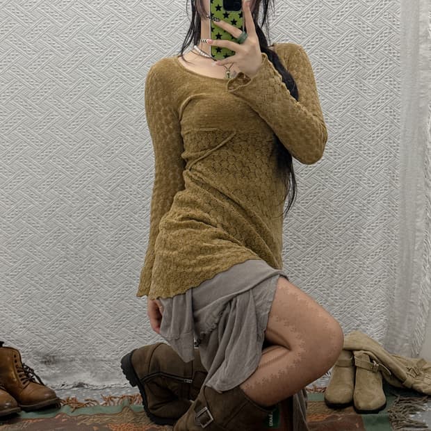 빈티지 오리엔탈 뮤트브라운 모리걸 리본 펀칭 뜨개 긴팔 니트 K0011