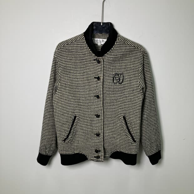 크리스찬 디올 로고 트위드 체크 블루종 빈티지 올드 모델