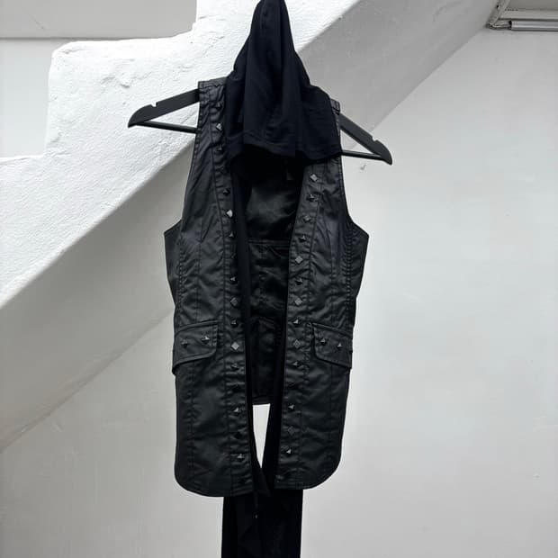 Studded hood layered long vest