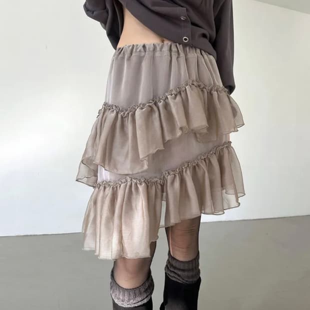 이너뮤트 시즈너블 쉬폰 프릴 캉캉 언발 시스루 미디스커트