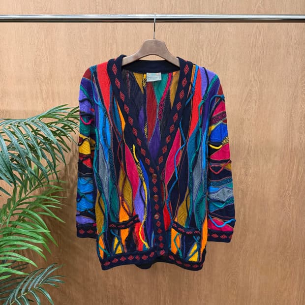 쿠지 긴팔 니트 가디건 꽈배기 물결 다이아몬드 디테일 루즈핏 멀티컬러