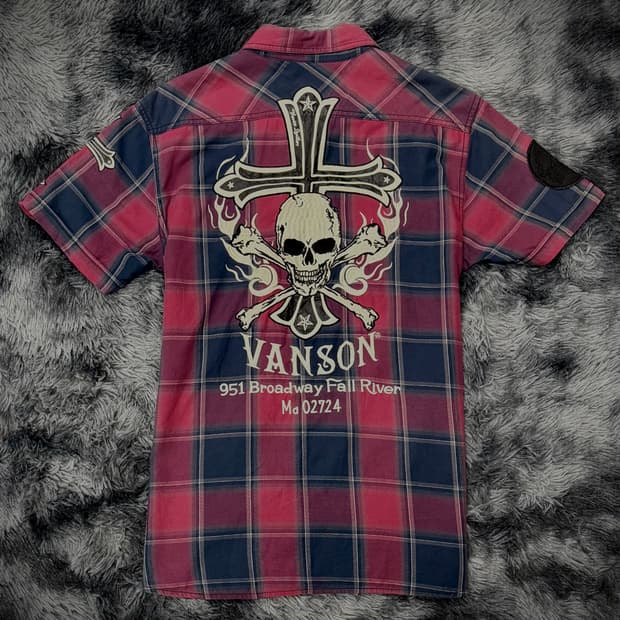 Vanson 스컬 자수 패치 체크 반팔 셔츠