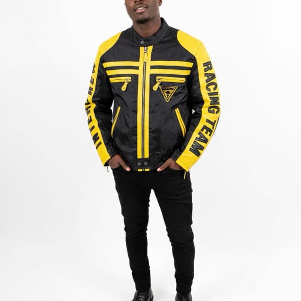 인터크루  레이싱 바람막이 레더믹스 나일론 바이커자켓