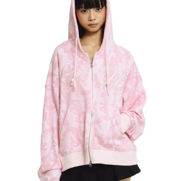 포어링 핑크 플래그 카모 후드집업