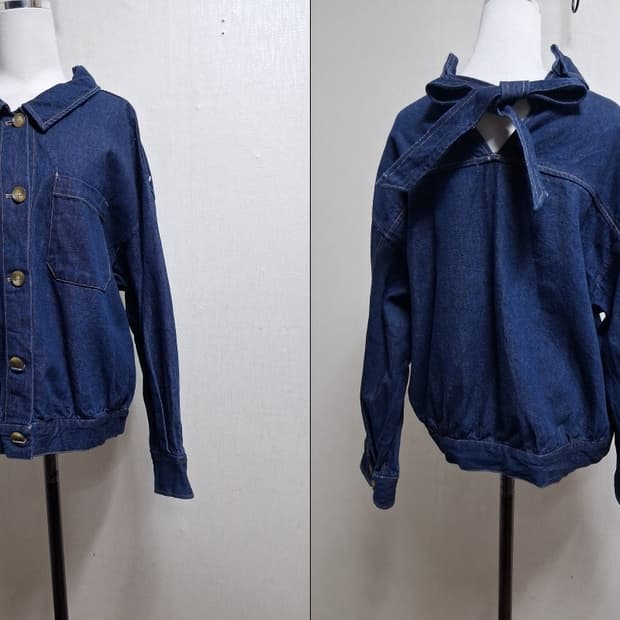 일본빈티지 등파인 백 리본끈 디테일  리본끈 청쟈켓 가오리루즈핏 66까지