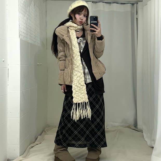 브라운 모카무스 체크 패딩 모리걸 코디세트