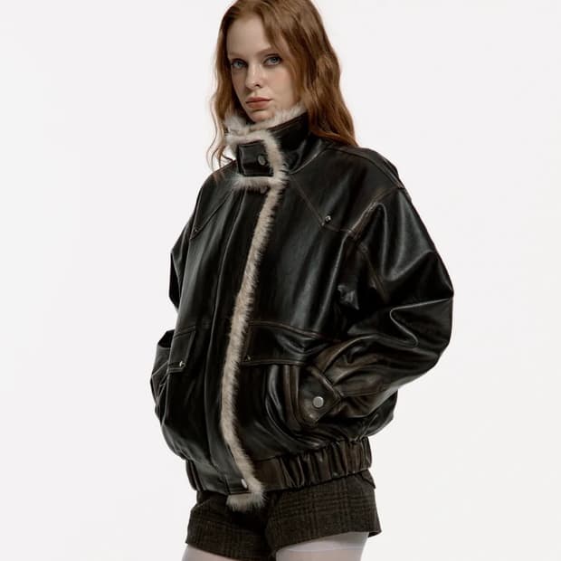 러프넥 워싱 레더 무스탕 자켓