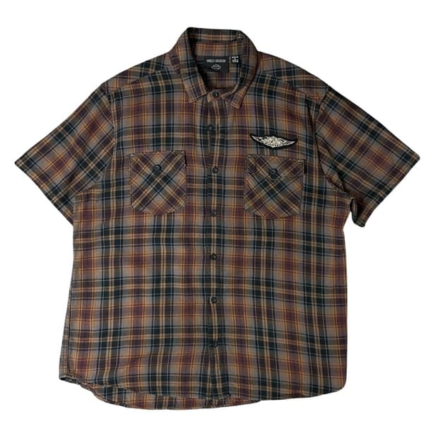 할리데이비슨 블랙 브라운 옐로우 체크 배색 투포켓 반팔 셔츠 XL