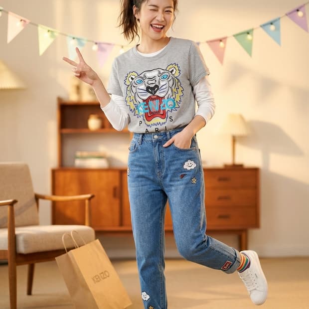 타이거 자수 반팔 여성 티셔츠