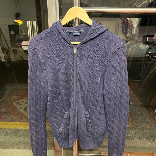 폴로 랄프로렌 네이비 케이블 니트 집업 후드 M