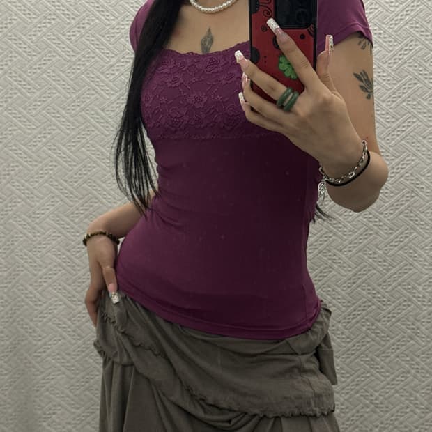 Y2K 레트로 갸루 란제리 레이스코어 딱붙핏 반팔티 K0508