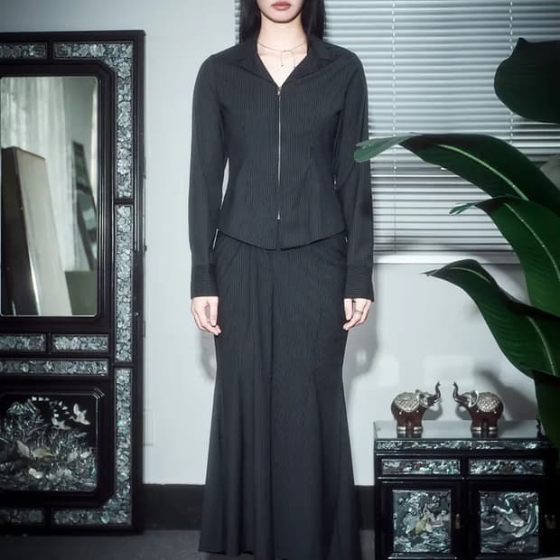 디어미 오피스 롱스커트 스트라이프 스커트 오도어