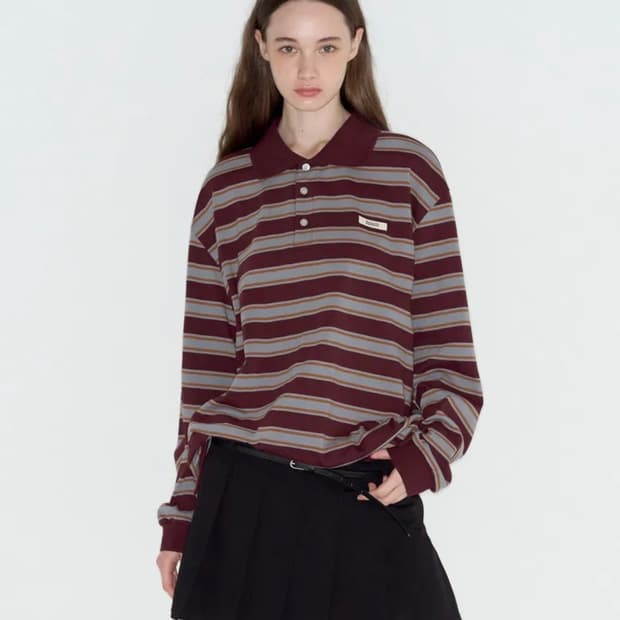 락케이크 Striped Polo T-Shirt - Wine