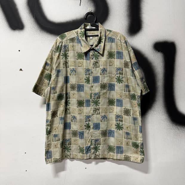 Pierre Cardin 빅사이즈 야자수 체크 풀 패턴 코튼 반팔 셔츠