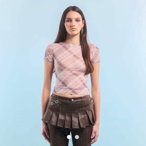 2000 아카이브스 브라운 체크 시스루 티셔츠