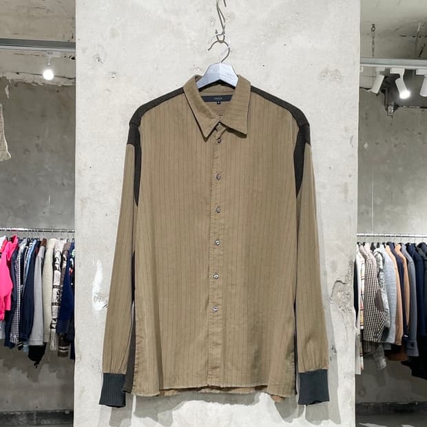 그리핀 브라운 울 패널 스트라이프 셔츠