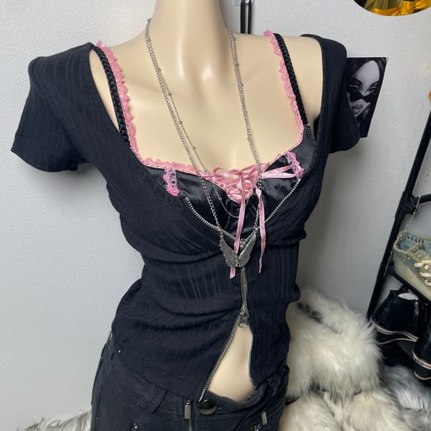 빈티지 체인 디테일 골지 탑 반팔