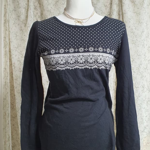 [일본빈티지] 너드모리 블랙 도트 레이스 긴팔 티셔츠