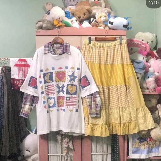 카모메산장 코디세트 패치스커트 패치셔츠