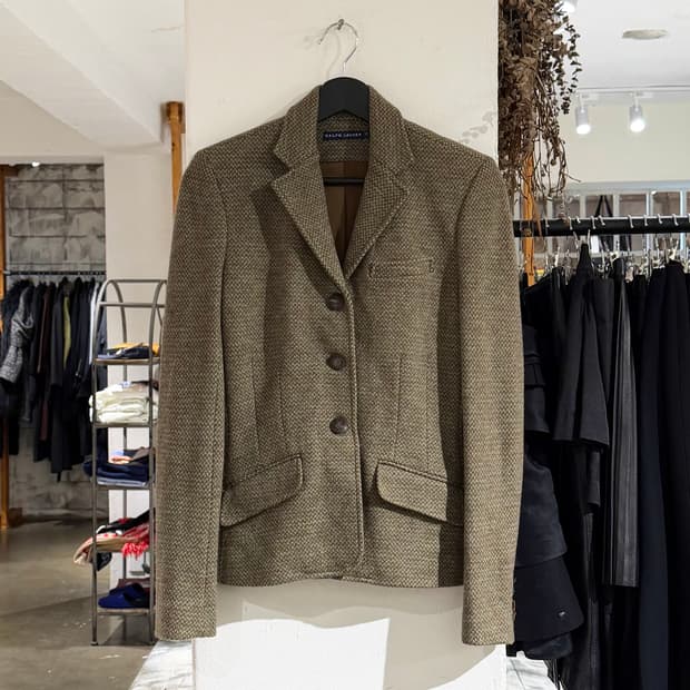 랄프 로렌 카키 싱글 헤링본 트위드 울 자켓