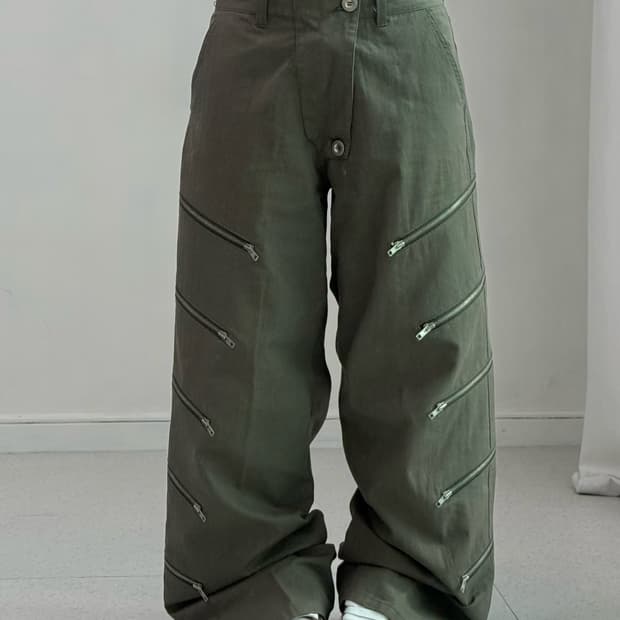 빈티지 카키 지퍼 팬츠