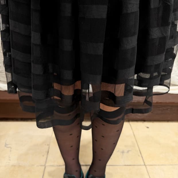 Black sheer stripe midi skirt