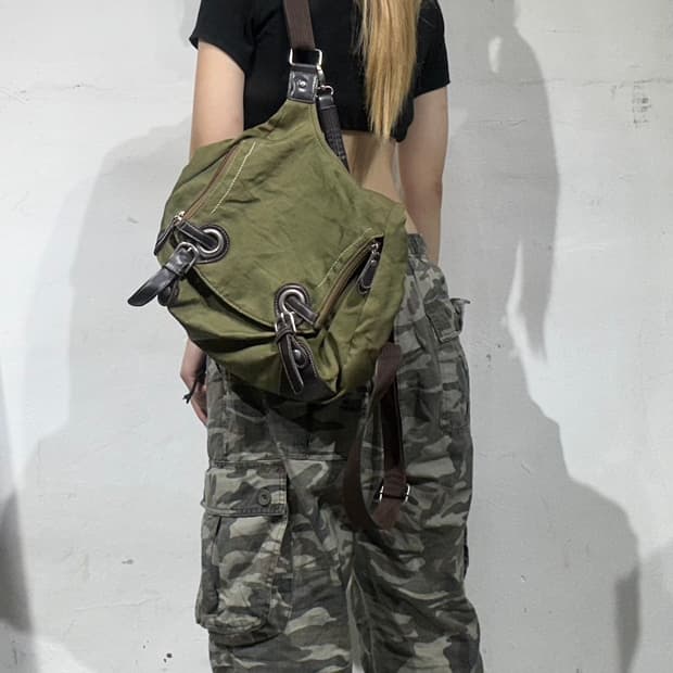 일본 빈티지 올리브 카키 키치 미니 백팩 가방 
